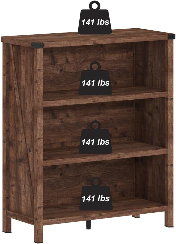 BON AUGURE Rustic Short Bookshelf, 3 Shelf Bookcase, Small Wood Low Book Cases/Shelves, Farmhouse Storage Tier Book Shelves for Home Office, Living Room, Small Space (Rustic Oak)
