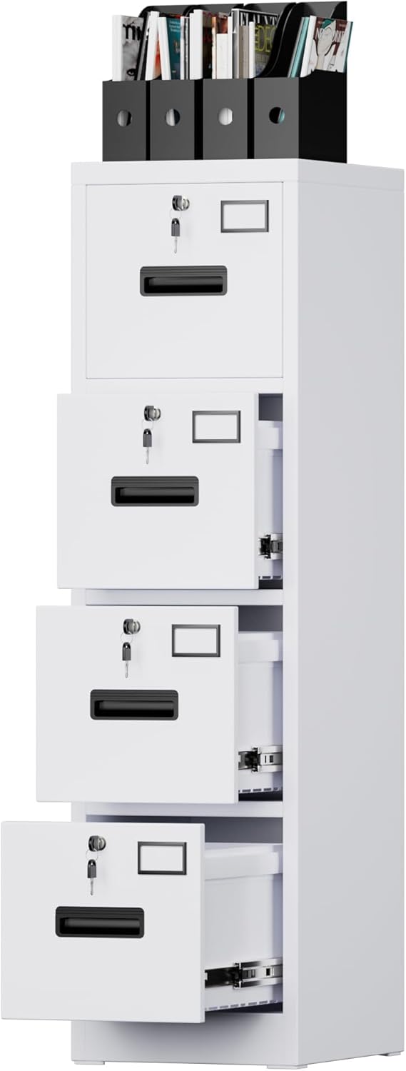 SUXXAN 4 Drawer File Cabinet, Metal Vertical Black Filing Cabinets with Locks Name Card Holder for Home Office, Assembly Required