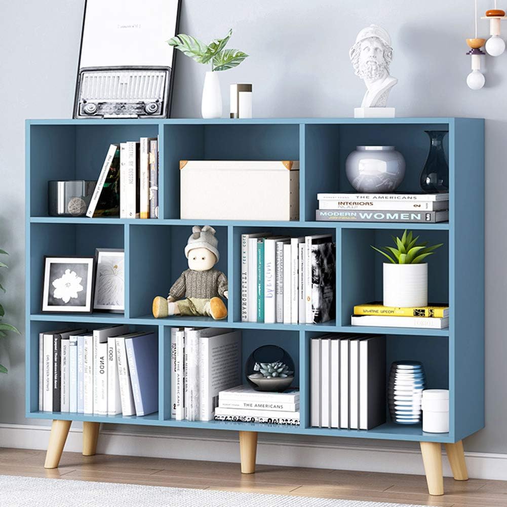 IOTXY Open Shelf Low Bookcase - Wooden 3-Tier Floor Standing Display Cabinet Organizer with Base, 10 Cubes Short Horizontal Bookshelf in Warm White