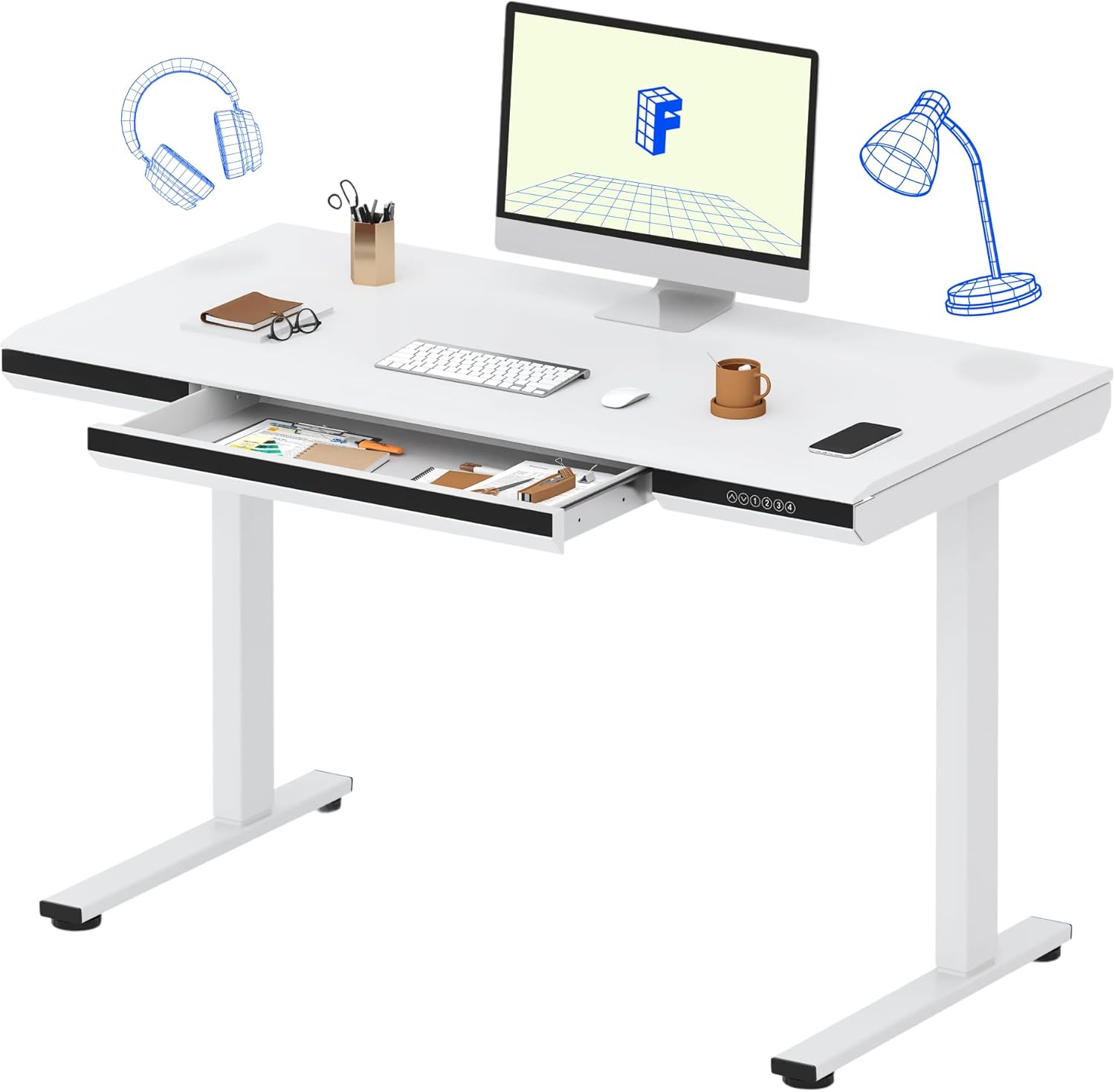 FLEXISPOT Comhar Electric Standing Desk with Drawers Charging USB A to C Port, Height Adjustable 48" Whole-Piece Home Office Computer Laptop Table with Storage (White Top + Frame)