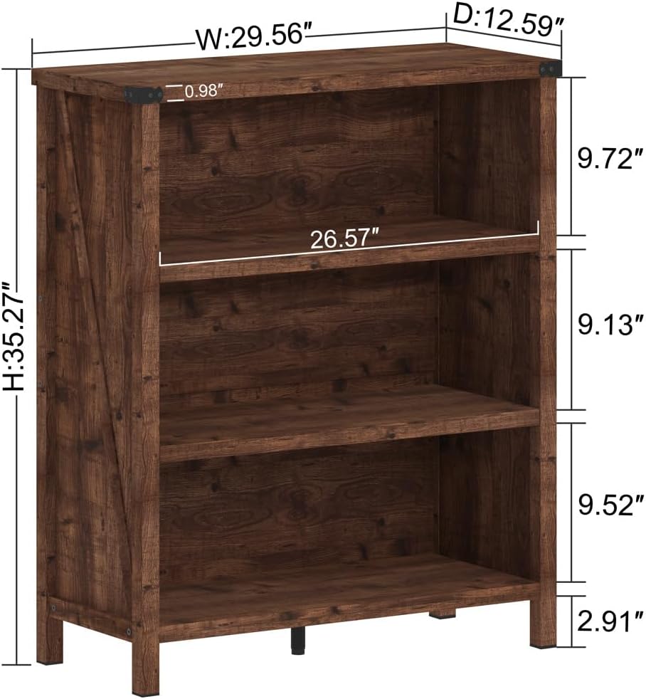 BON AUGURE Rustic Short Bookshelf, 3 Shelf Bookcase, Small Wood Low Book Cases/Shelves, Farmhouse Storage Tier Book Shelves for Home Office, Living Room, Small Space (Rustic Oak)