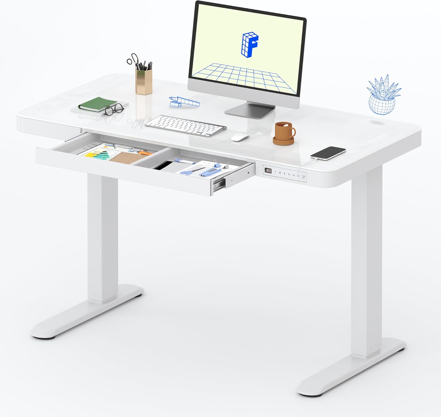 FLEXISPOT Comhar Electric Standing Desk with Drawers Charging USB A to C Port, Height Adjustable 48" Whole-Piece Home Office Computer Laptop Table with Storage (White Top + Frame)