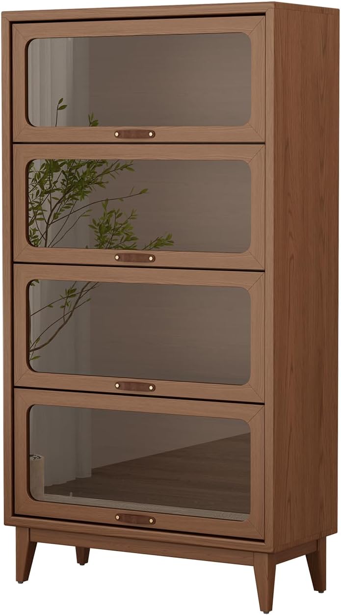 3-Shelf solid wood book case with corrugated tempered glass doors dusty wooden bookshelf Flip-Up Doors original wood midcentury modern book cases/shelves 3 tier for home office with installation tool