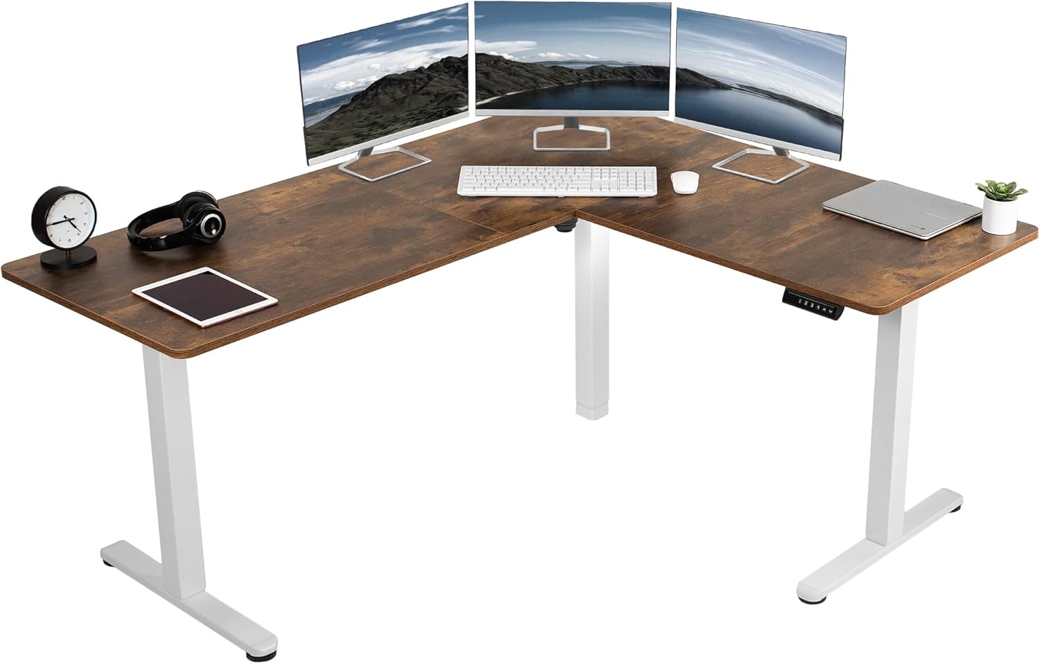 VIVO Electric Corner 63 x 55 inch L-Shaped Standing Desk, Memory Height Adjustment, Black Top Black Frame, DESK-E3CTB