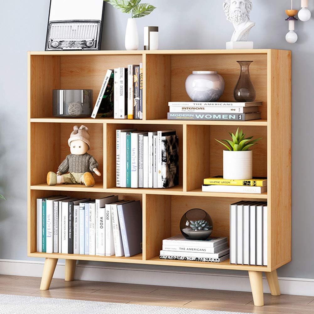 IOTXY Open Shelf Low Bookcase - Wooden 3-Tier Floor Standing Display Cabinet Organizer with Base, 10 Cubes Short Horizontal Bookshelf in Warm White