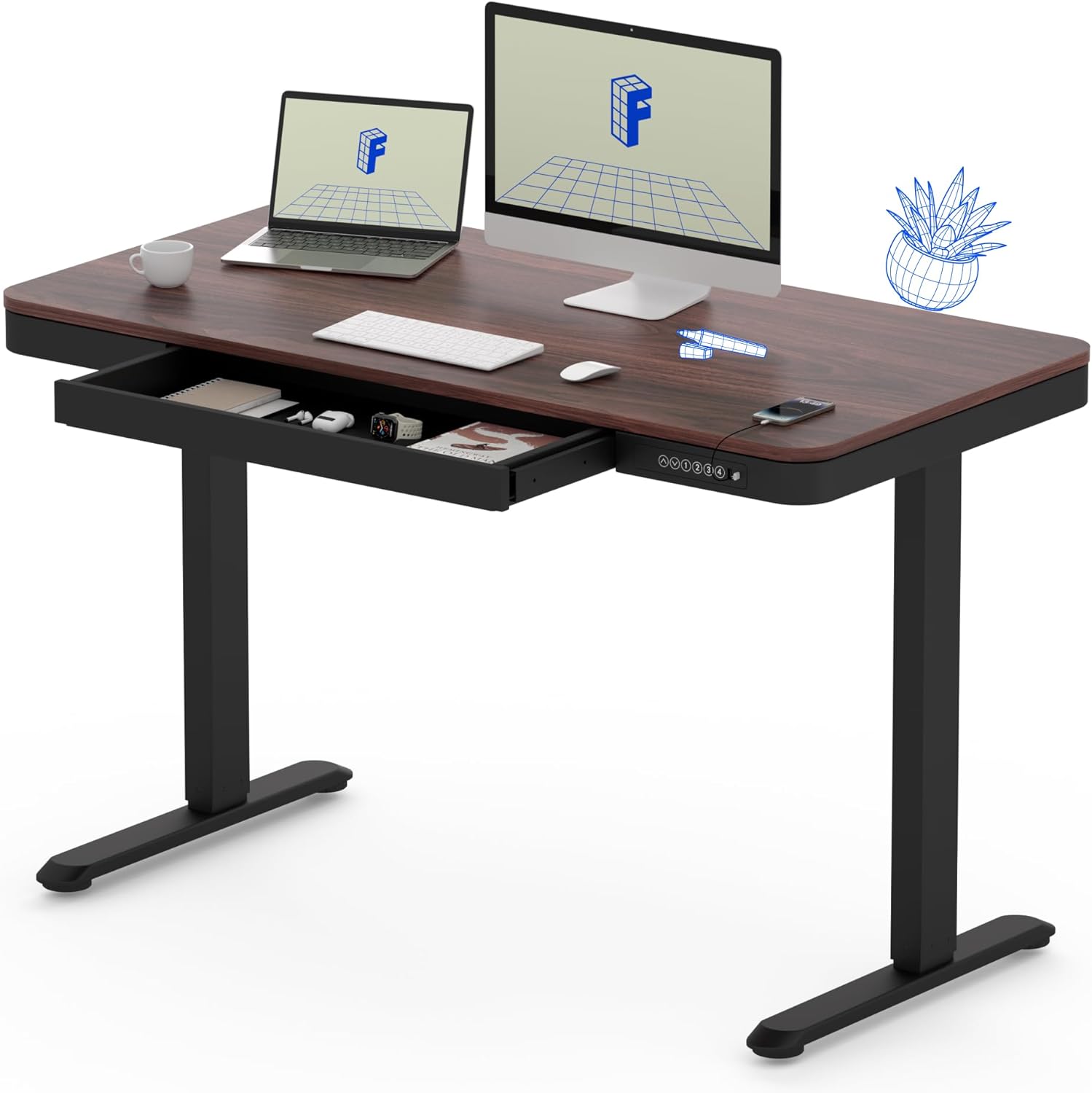 FLEXISPOT Comhar Electric Standing Desk with Drawers Charging USB A to C Port, Height Adjustable 48" Whole-Piece Home Office Computer Laptop Table with Storage (White Top + Frame)