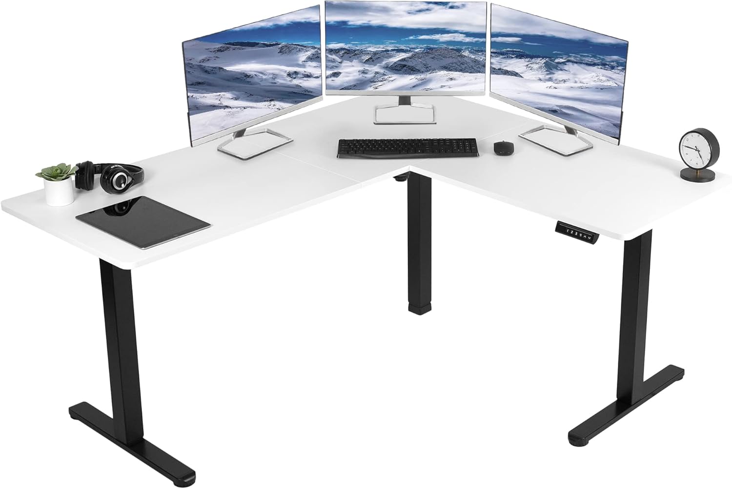 VIVO Electric Corner 63 x 55 inch L-Shaped Standing Desk, Memory Height Adjustment, Black Top Black Frame, DESK-E3CTB