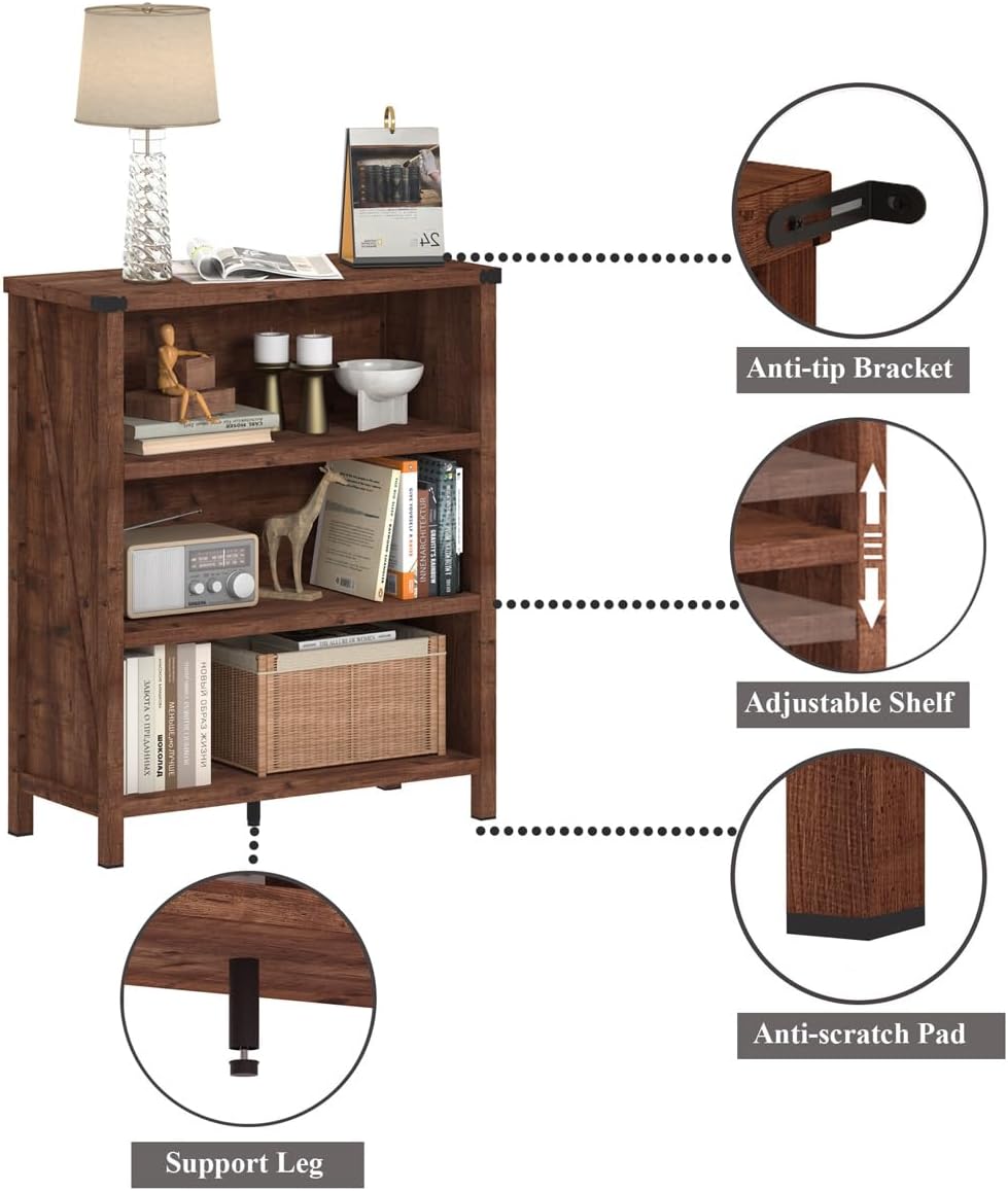BON AUGURE Rustic Short Bookshelf, 3 Shelf Bookcase, Small Wood Low Book Cases/Shelves, Farmhouse Storage Tier Book Shelves for Home Office, Living Room, Small Space (Rustic Oak)