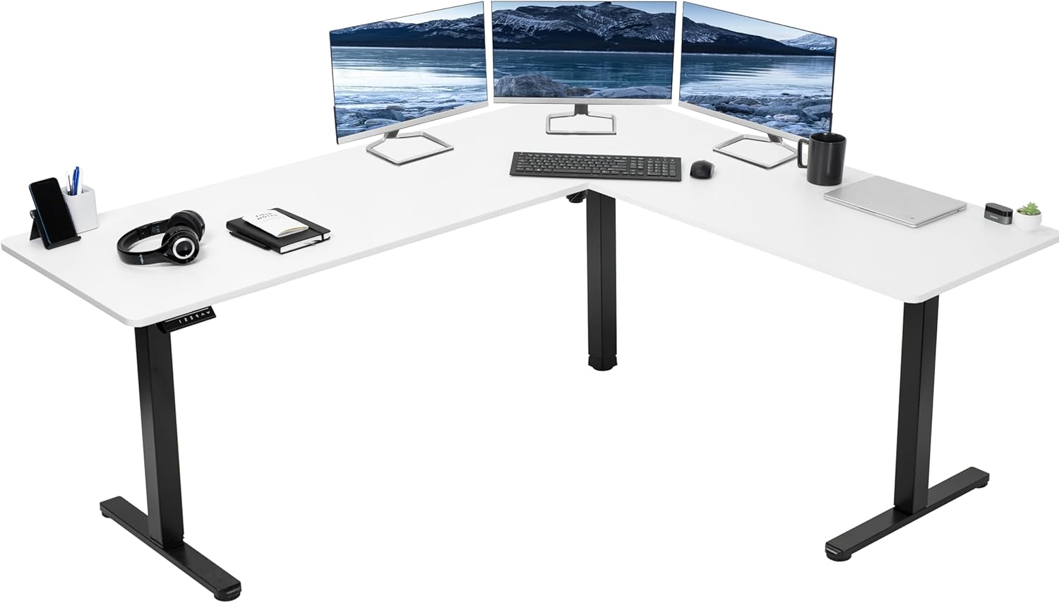 VIVO Electric Corner 63 x 55 inch L-Shaped Standing Desk, Memory Height Adjustment, Black Top Black Frame, DESK-E3CTB