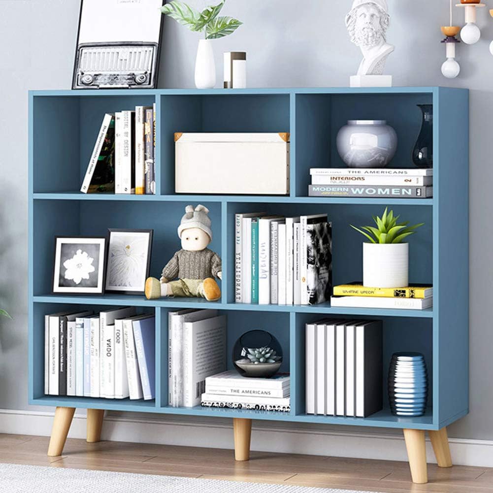 IOTXY Open Shelf Low Bookcase - Wooden 3-Tier Floor Standing Display Cabinet Organizer with Base, 10 Cubes Short Horizontal Bookshelf in Warm White