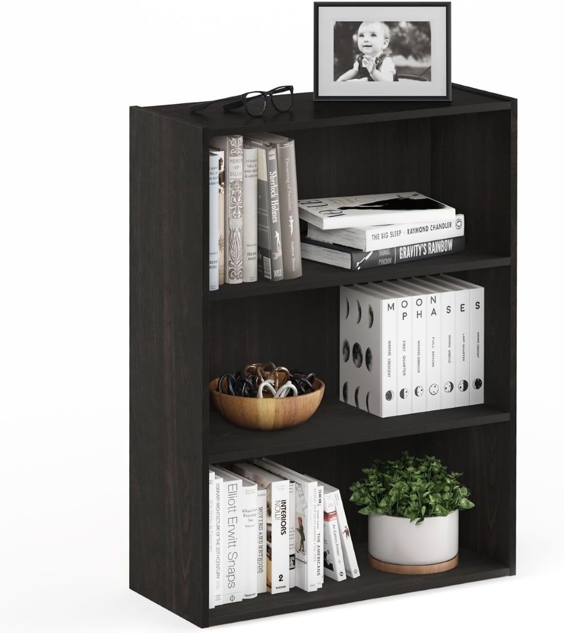 Furinno PASIR Book Shelf, 3-Tier Bookshelf, Bookcase, 9.7" x 23.7" x 31.5", for Living Room, Bedroom, Home Office, Blackwood