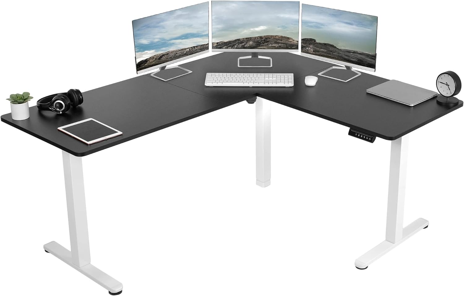 VIVO Electric Corner 63 x 55 inch L-Shaped Standing Desk, Memory Height Adjustment, Black Top Black Frame, DESK-E3CTB