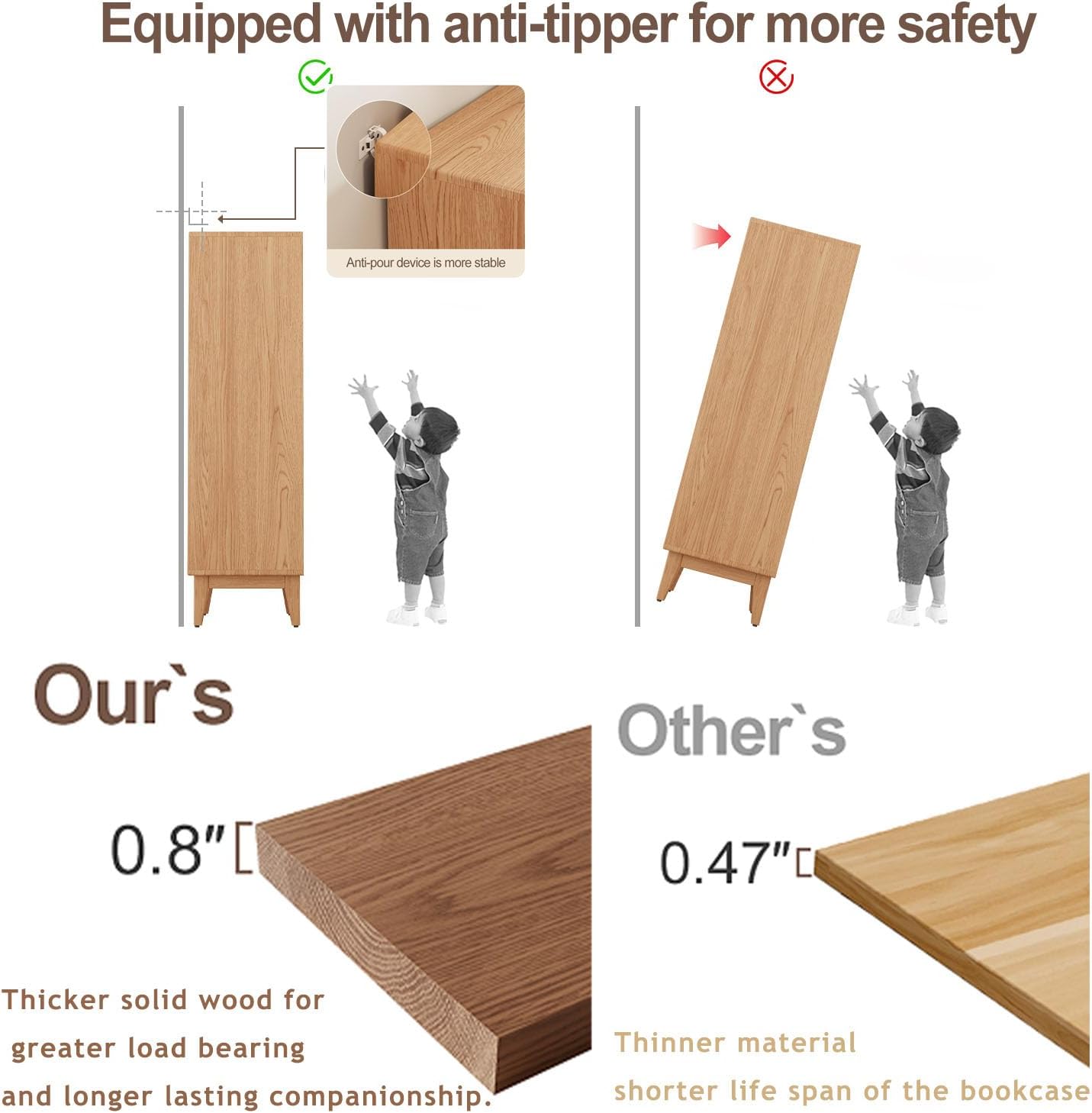 3-Shelf solid wood book case with corrugated tempered glass doors dusty wooden bookshelf Flip-Up Doors original wood midcentury modern book cases/shelves 3 tier for home office with installation tool