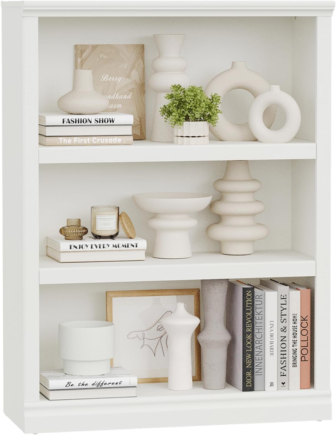 blini 3-Shelf Bookcase White Wooden Bookshelves 33in Wide Floor Standing Display Storage Book Shelves Tall Bookcase for Home Office, Living Room, Bedroom