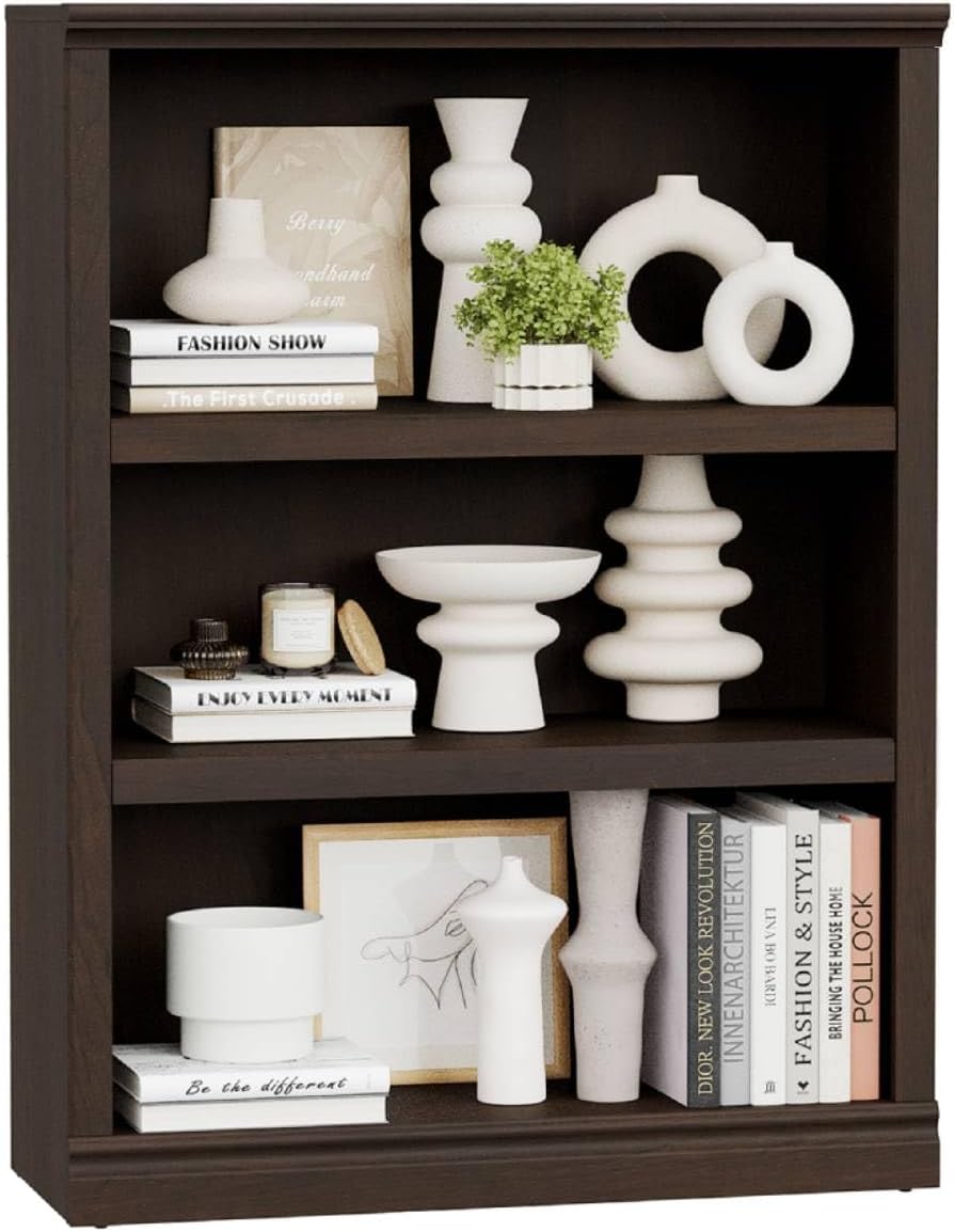 blini 3-Shelf Bookcase White Wooden Bookshelves 33in Wide Floor Standing Display Storage Book Shelves Tall Bookcase for Home Office, Living Room, Bedroom