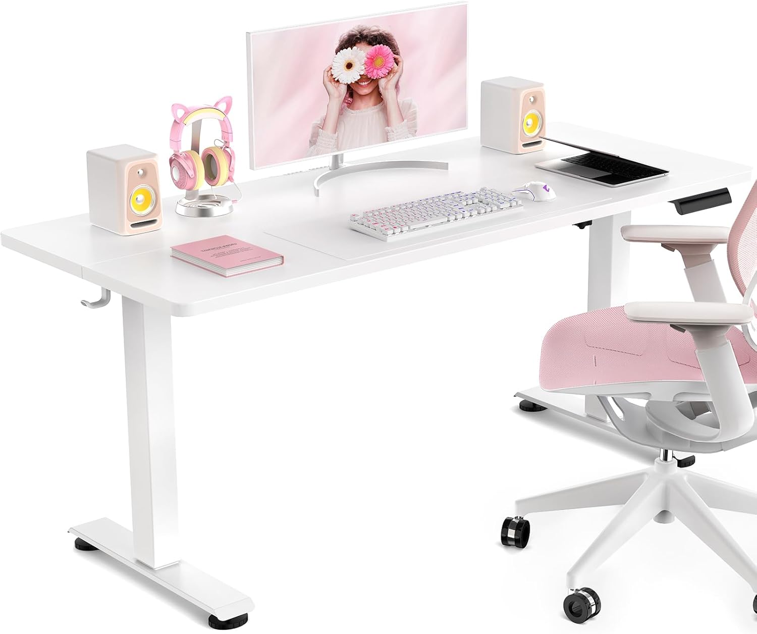 Veken 55 Inch Large Electric Standing Desk,Sit to Stand Up, Heights Adjustable, Work Home Office Computer Table for Study, Walking Pad, Writing, and Games, Wooden Desktop Desks, White