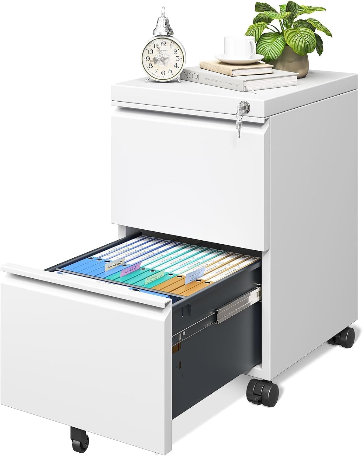 Mobile File Cabinet for Home Office, Lockable 3 Drawer Filing Cabinet with Wheels for A4-Size/Letter-Size/Legal-Size, Fully Assembled Except Casters, White