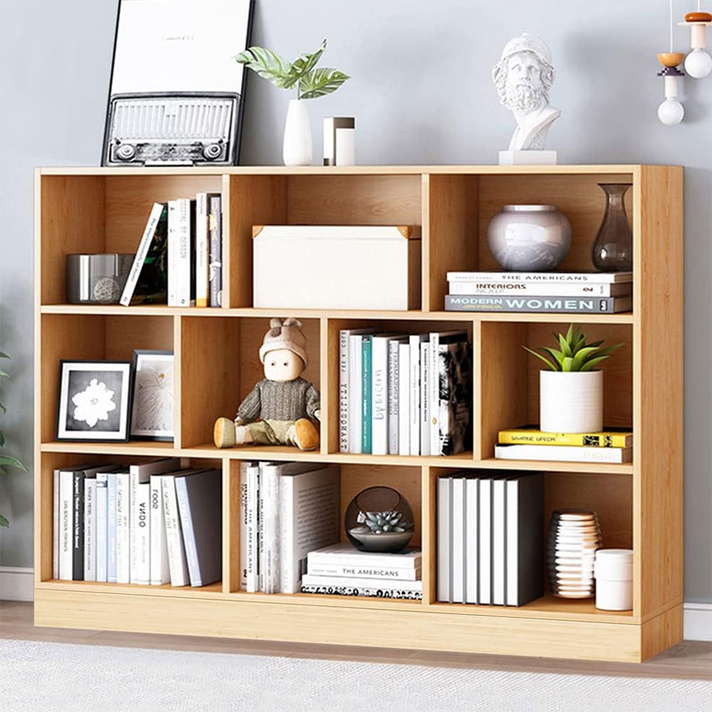 IOTXY Open Shelf Low Bookcase - Wooden 3-Tier Floor Standing Display Cabinet Organizer with Base, 10 Cubes Short Horizontal Bookshelf in Warm White
