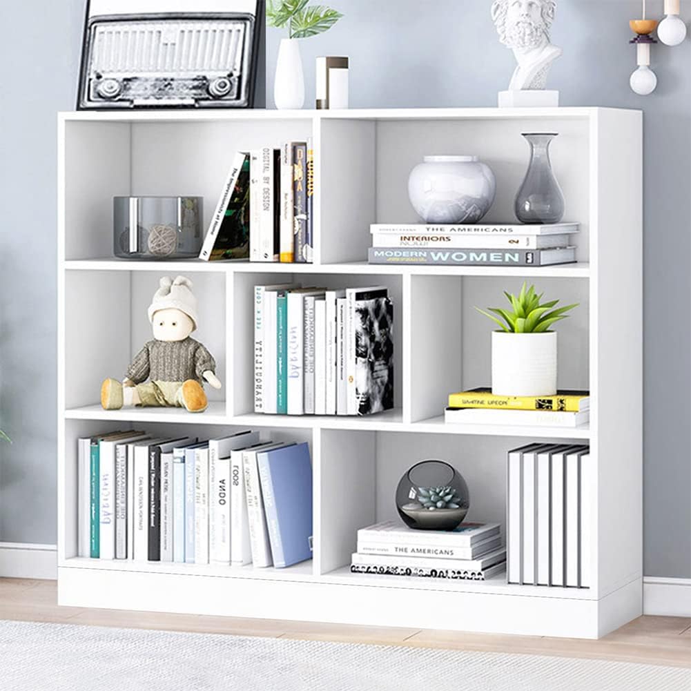 IOTXY Open Shelf Low Bookcase - Wooden 3-Tier Floor Standing Display Cabinet Organizer with Base, 10 Cubes Short Horizontal Bookshelf in Warm White