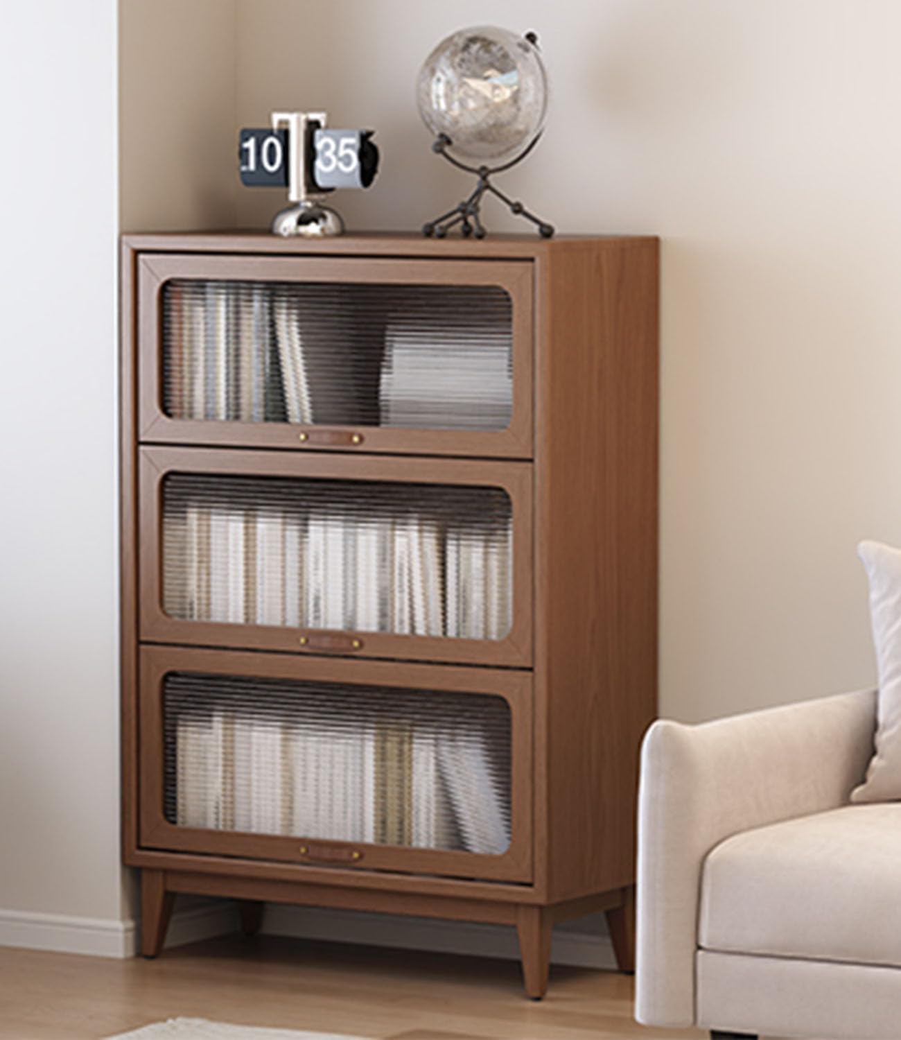 3-Shelf solid wood book case with corrugated tempered glass doors dusty wooden bookshelf Flip-Up Doors original wood midcentury modern book cases/shelves 3 tier for home office with installation tool