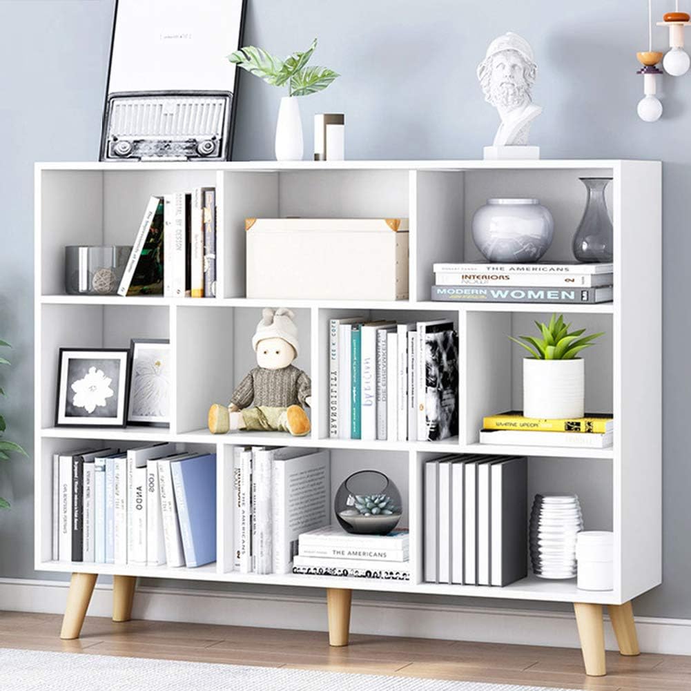 IOTXY Open Shelf Low Bookcase - Wooden 3-Tier Floor Standing Display Cabinet Organizer with Base, 10 Cubes Short Horizontal Bookshelf in Warm White