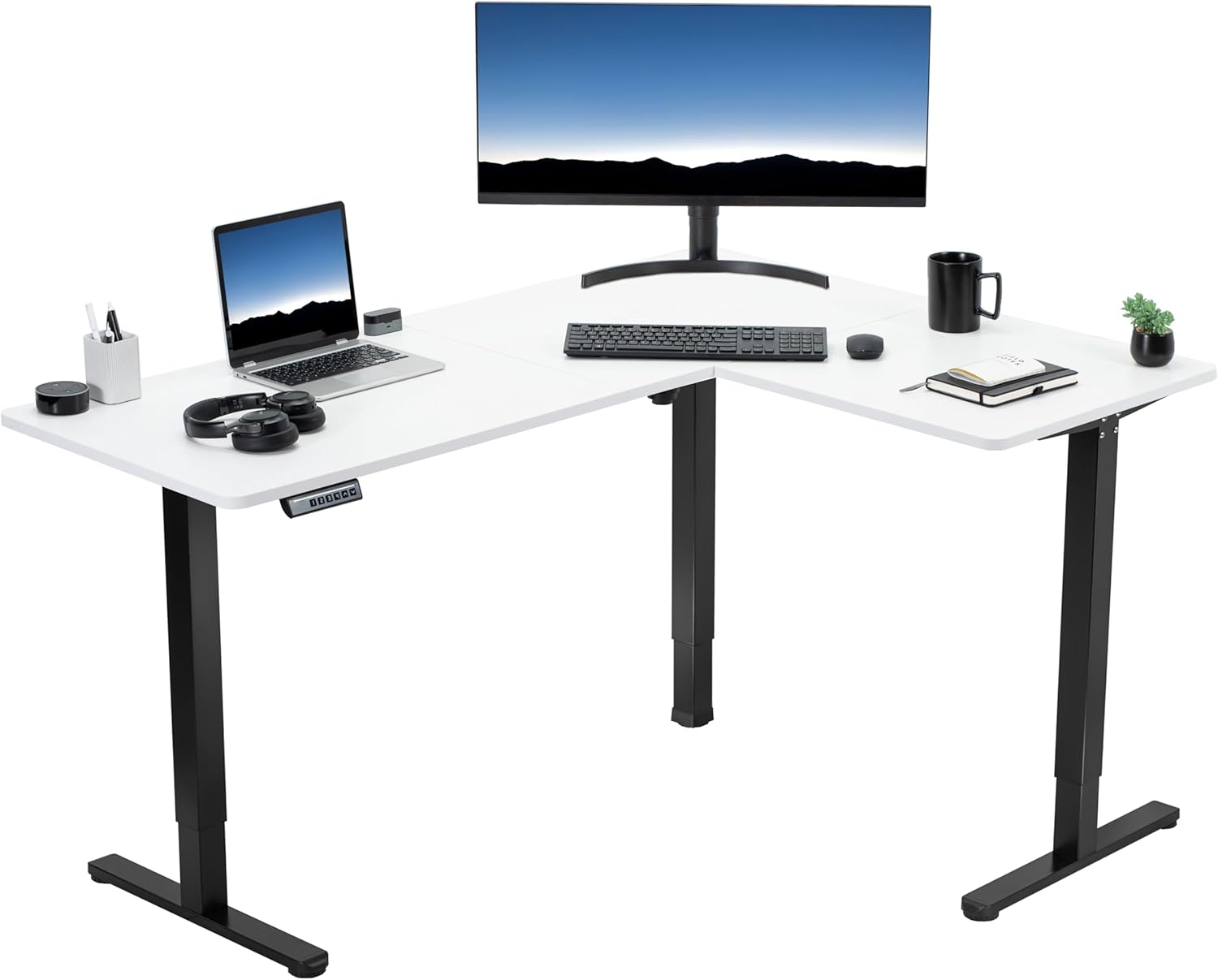 VIVO Electric Corner 63 x 55 inch L-Shaped Standing Desk, Memory Height Adjustment, Black Top Black Frame, DESK-E3CTB