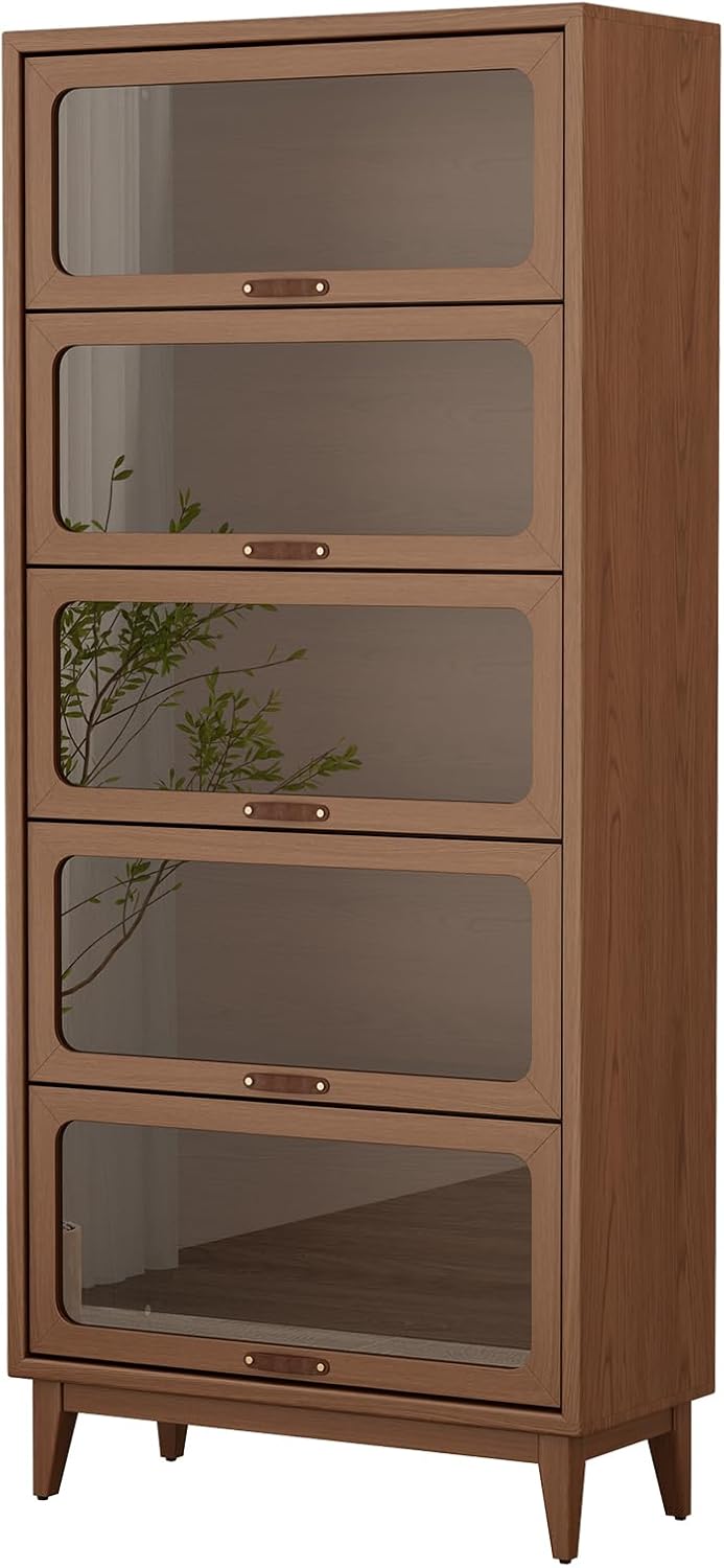 3-Shelf solid wood book case with corrugated tempered glass doors dusty wooden bookshelf Flip-Up Doors original wood midcentury modern book cases/shelves 3 tier for home office with installation tool