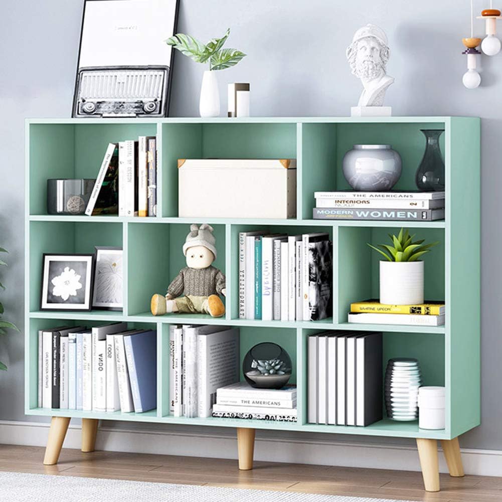 IOTXY Open Shelf Low Bookcase - Wooden 3-Tier Floor Standing Display Cabinet Organizer with Base, 10 Cubes Short Horizontal Bookshelf in Warm White