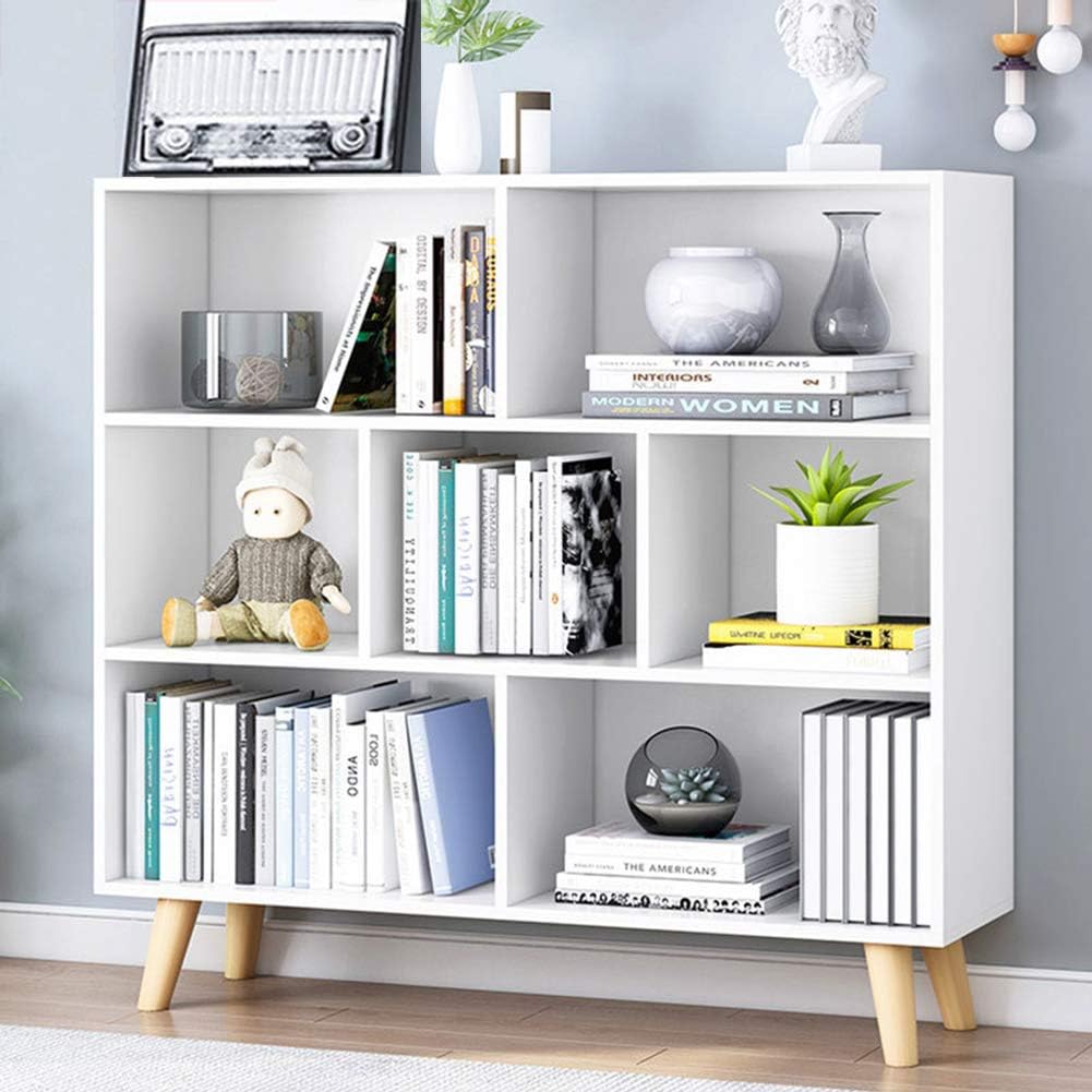 IOTXY Open Shelf Low Bookcase - Wooden 3-Tier Floor Standing Display Cabinet Organizer with Base, 10 Cubes Short Horizontal Bookshelf in Warm White