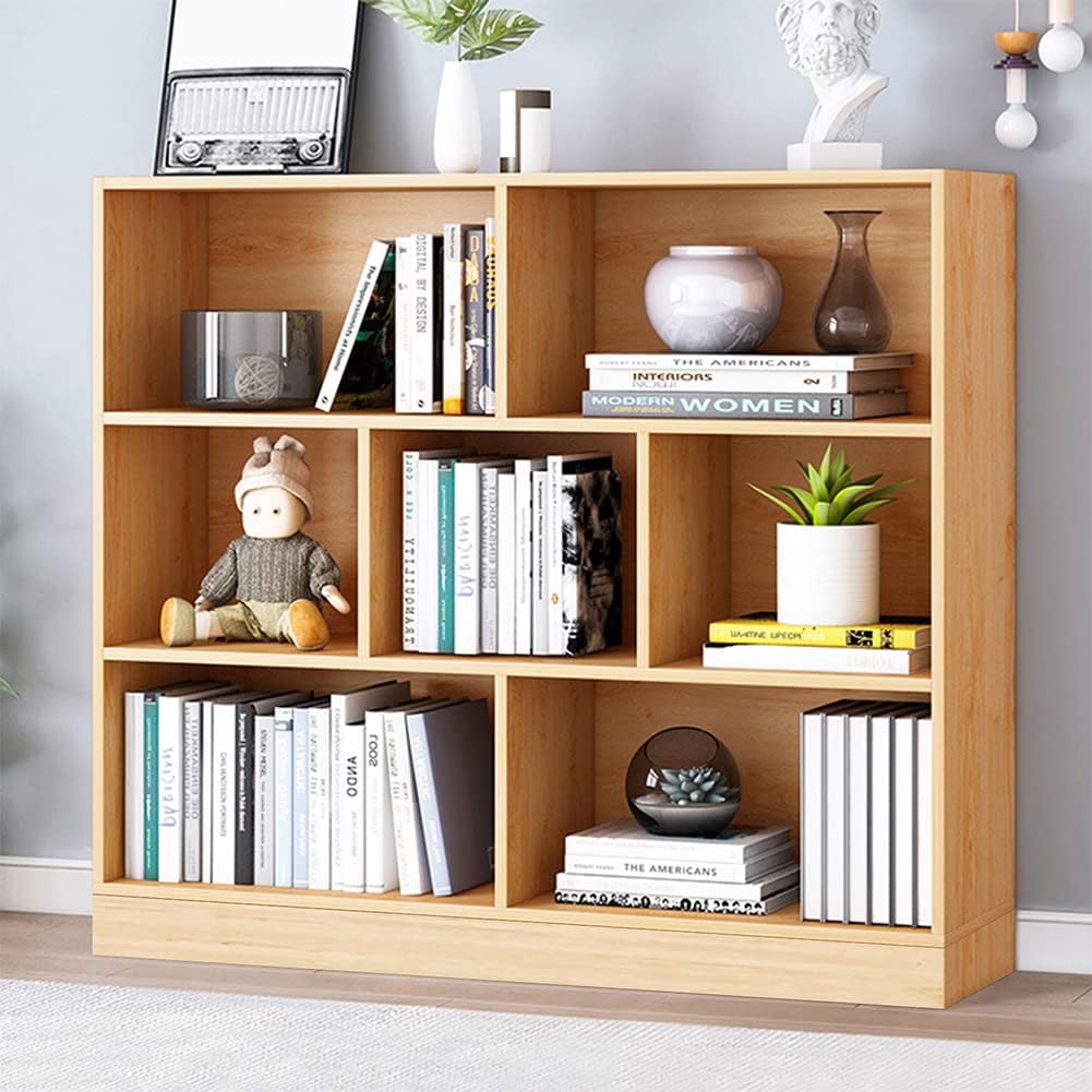 IOTXY Open Shelf Low Bookcase - Wooden 3-Tier Floor Standing Display Cabinet Organizer with Base, 10 Cubes Short Horizontal Bookshelf in Warm White