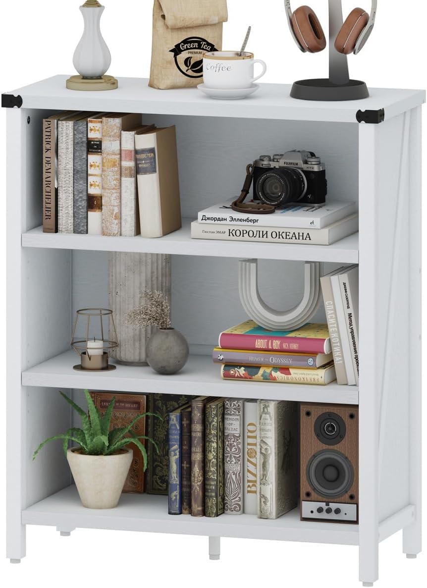 BON AUGURE Rustic Short Bookshelf, 3 Shelf Bookcase, Small Wood Low Book Cases/Shelves, Farmhouse Storage Tier Book Shelves for Home Office, Living Room, Small Space (Rustic Oak)