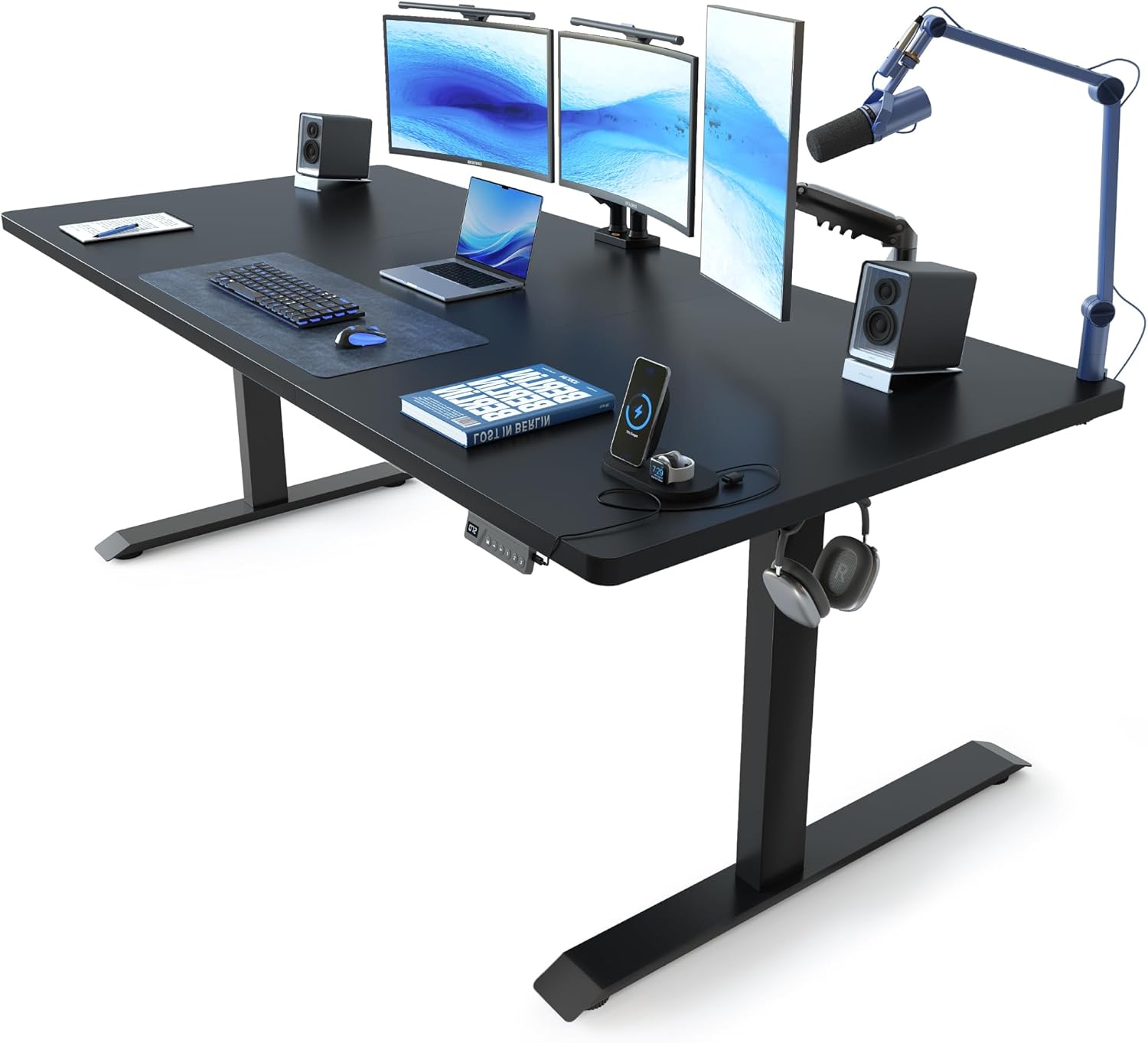 FEZIBO Standing Desk, 48 × 24 Inches Electric Height Adjustable, Sit and Stand Up, Computer Office Desk with Splice Board, White Frame/Maple TOP