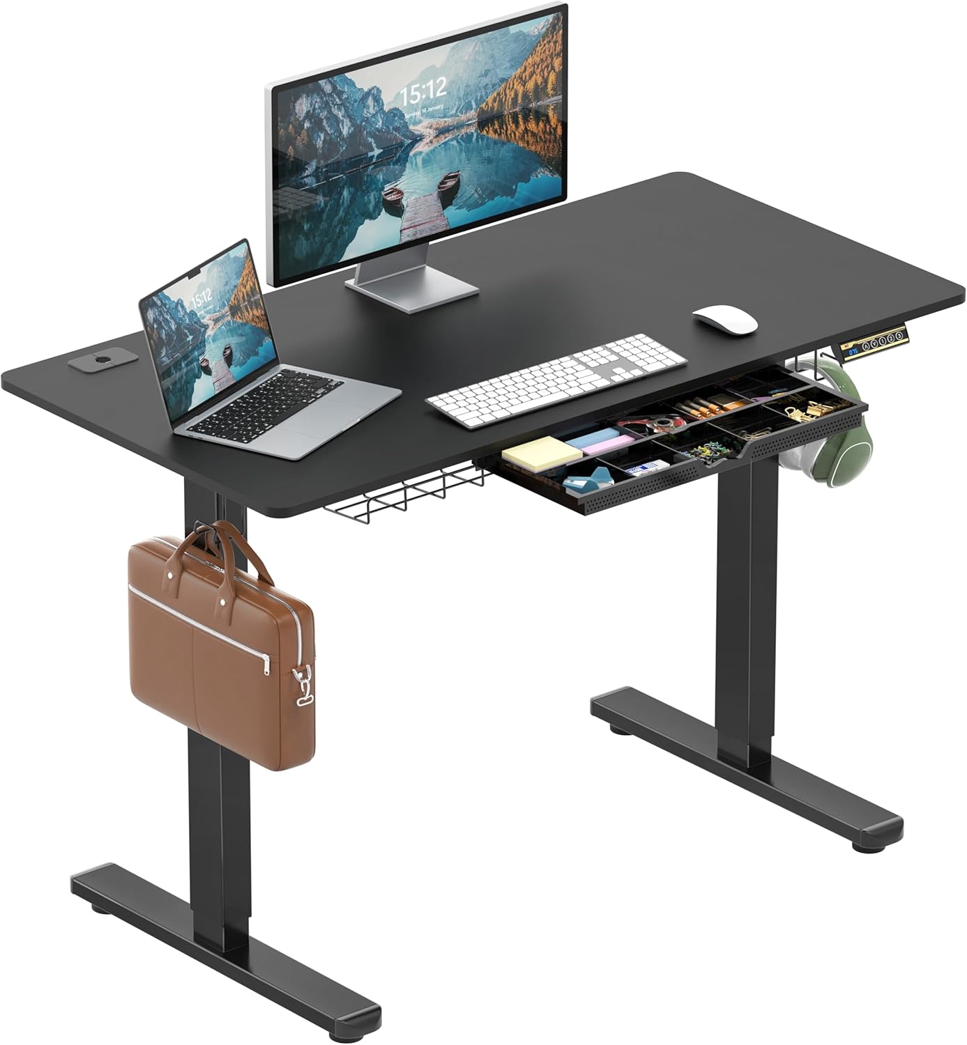 SHW 55 x 28 Inches Electric Height Adjustable Standing Desk with Drawer and Memory Preset, Maple