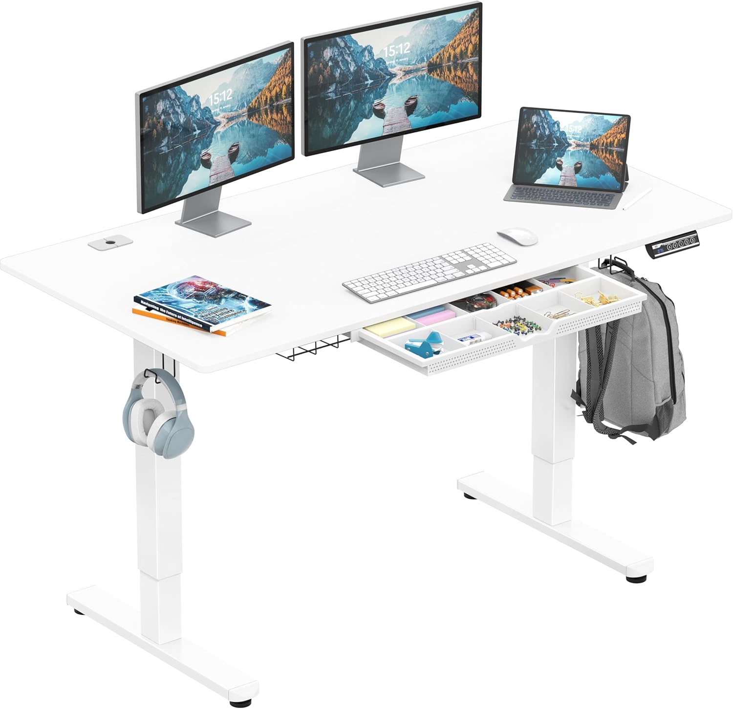 SHW 55 x 28 Inches Electric Height Adjustable Standing Desk with Drawer and Memory Preset, Maple