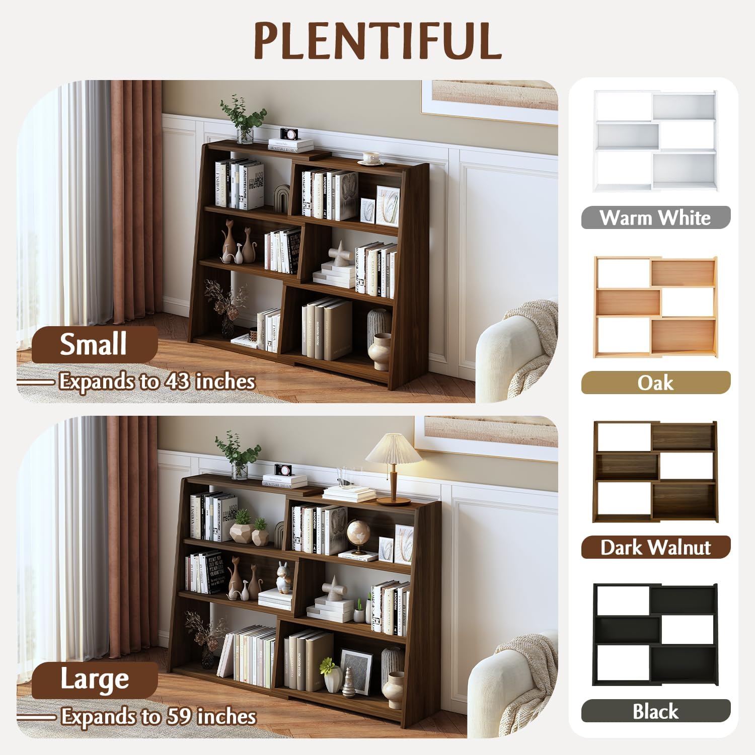 IOTXY Wooden Extendable Shelf Bookcase - 3-Tier Ladder Low Short Bookshelf for Small Space or Corner, Dark Walnut, L