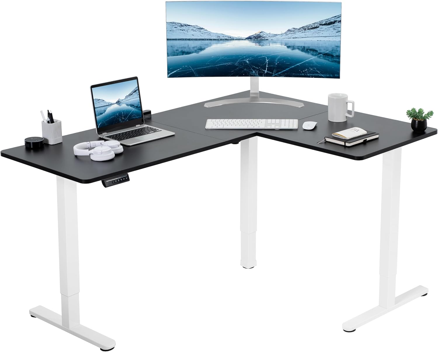 VIVO Electric Corner 63 x 55 inch L-Shaped Standing Desk, Memory Height Adjustment, Black Top Black Frame, DESK-E3CTB