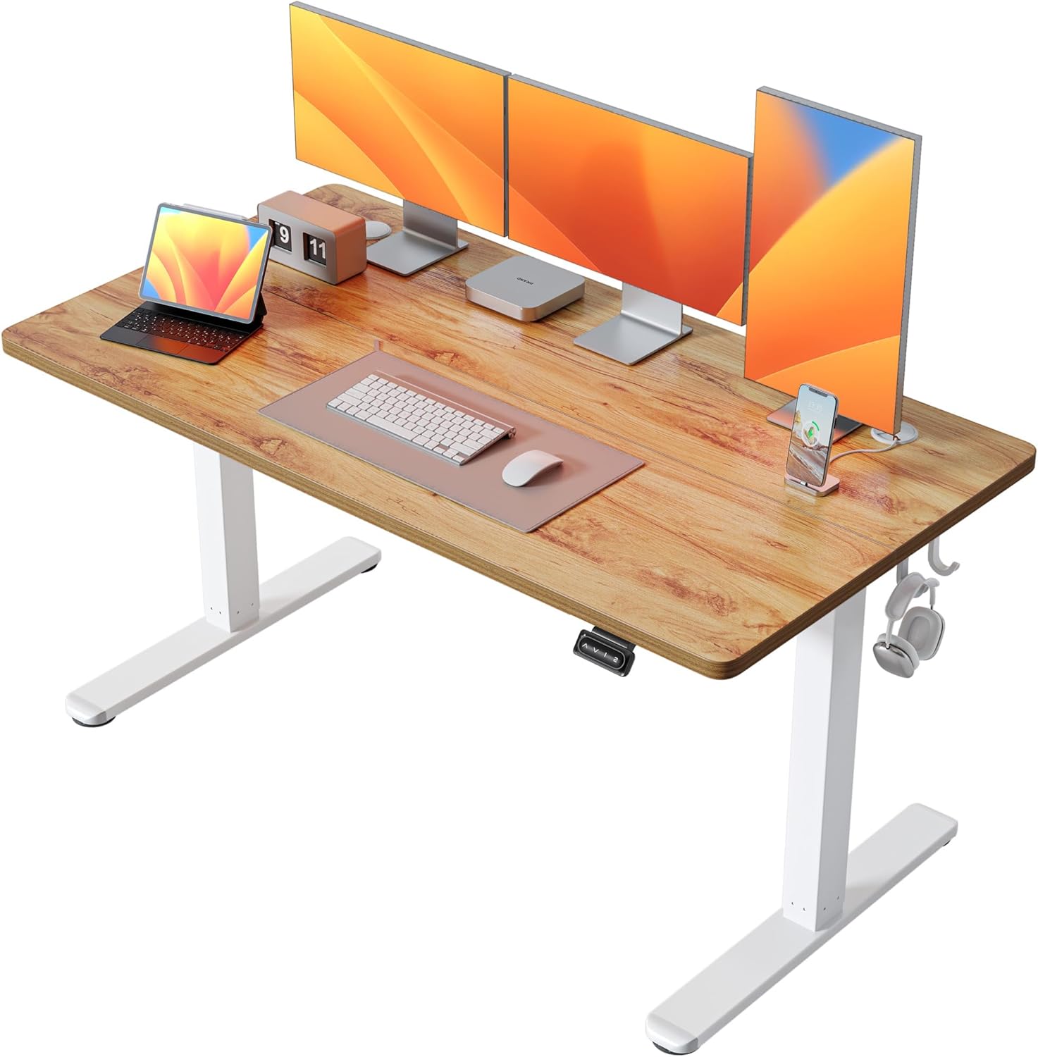 FEZIBO Standing Desk, 48 × 24 Inches Electric Height Adjustable, Sit and Stand Up, Computer Office Desk with Splice Board, White Frame/Maple TOP