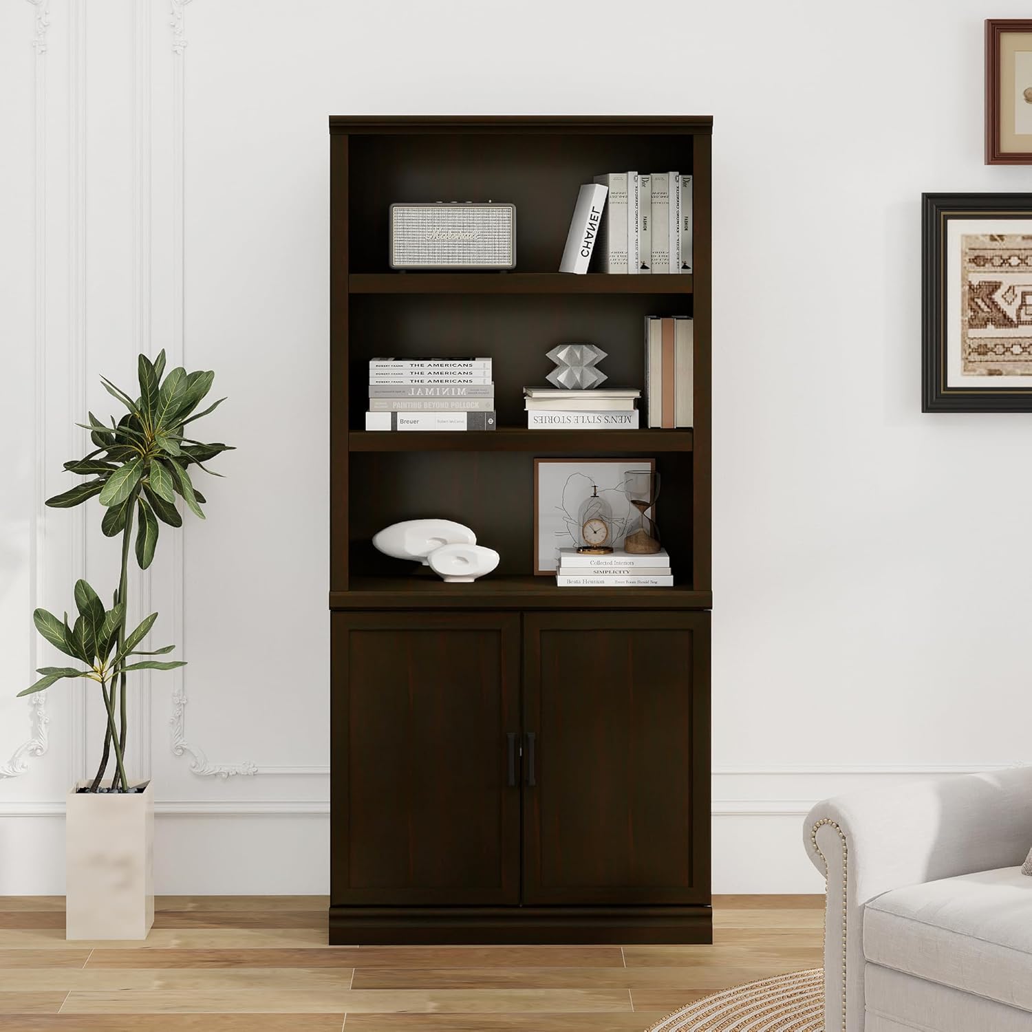 blini 3-Shelf Bookcase White Wooden Bookshelves 33in Wide Floor Standing Display Storage Book Shelves Tall Bookcase for Home Office, Living Room, Bedroom