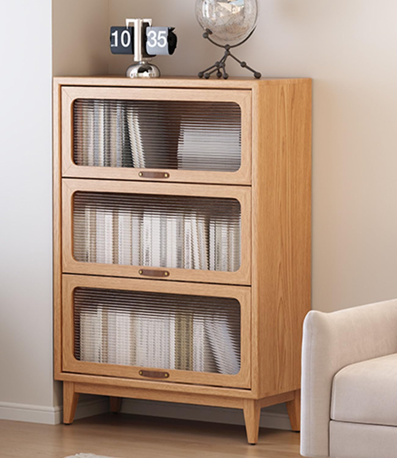 3-Shelf solid wood book case with corrugated tempered glass doors dusty wooden bookshelf Flip-Up Doors original wood midcentury modern book cases/shelves 3 tier for home office with installation tool