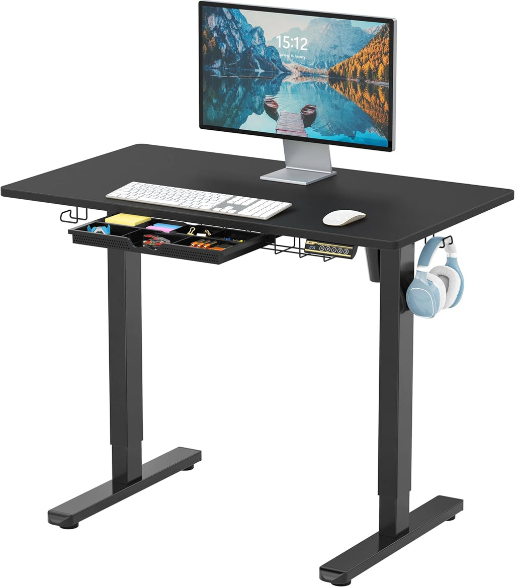 SHW 55 x 28 Inches Electric Height Adjustable Standing Desk with Drawer and Memory Preset, Maple