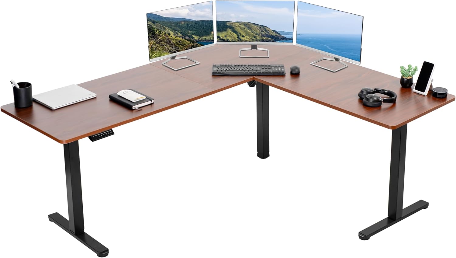 VIVO Electric Corner 63 x 55 inch L-Shaped Standing Desk, Memory Height Adjustment, Black Top Black Frame, DESK-E3CTB