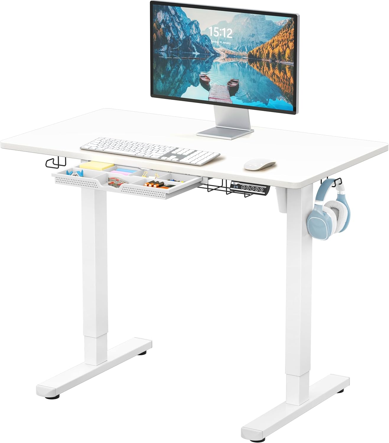 SHW 55 x 28 Inches Electric Height Adjustable Standing Desk with Drawer and Memory Preset, Maple