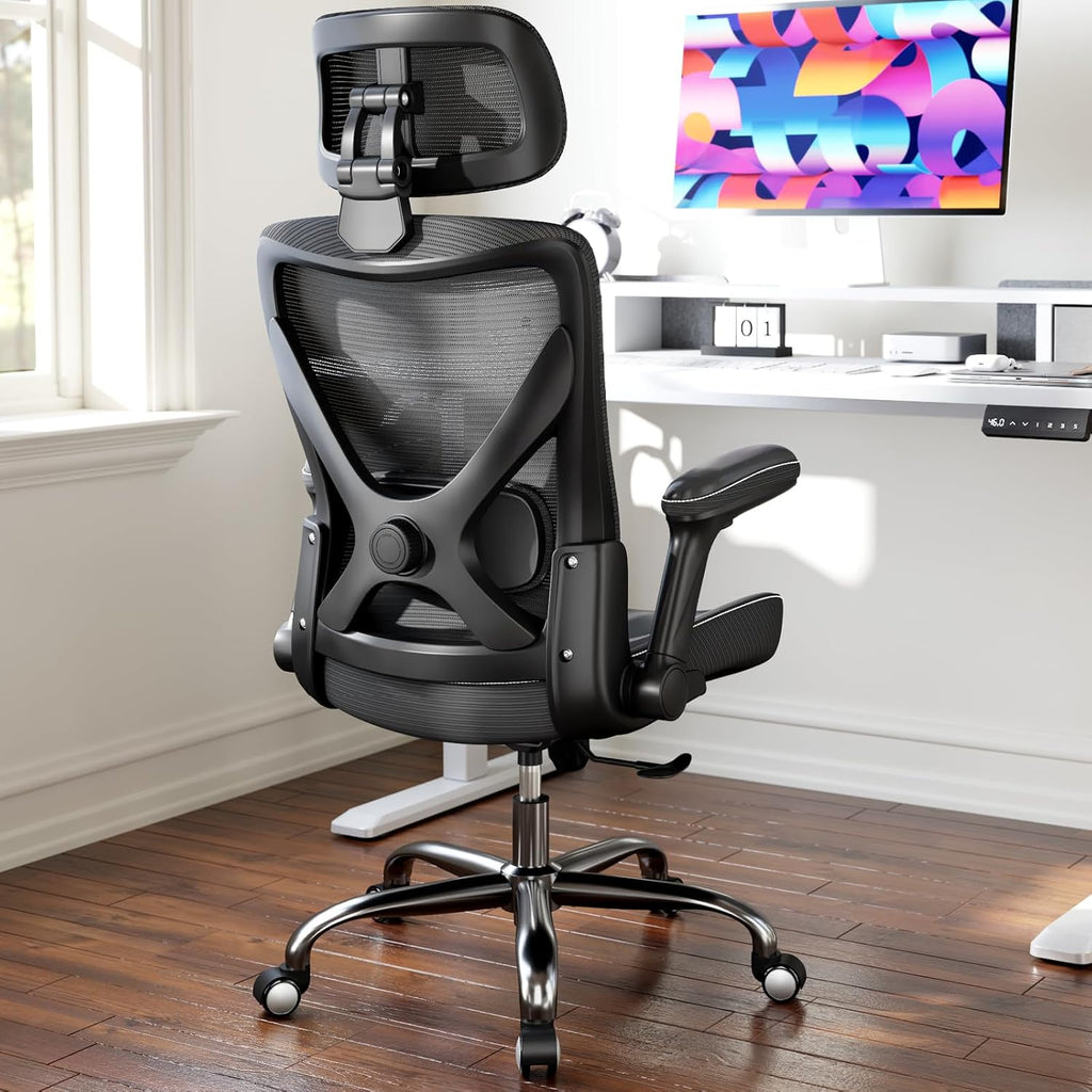 Ergonomic Office Chair-Computer X-Shaped Chair Mesh PU Leather with Adjustable Lumbar Support-Executive Desk Chair High Back with Headrest Flip-Up Arms for Long Hours (Black)