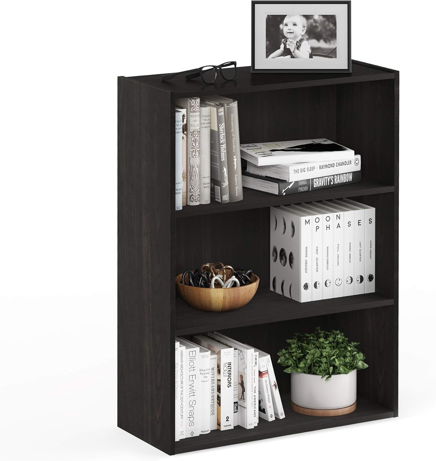 Furinno PASIR Book Shelf, 3-Tier Bookshelf, Bookcase, 9.7" x 23.7" x 31.5", for Living Room, Bedroom, Home Office, Blackwood