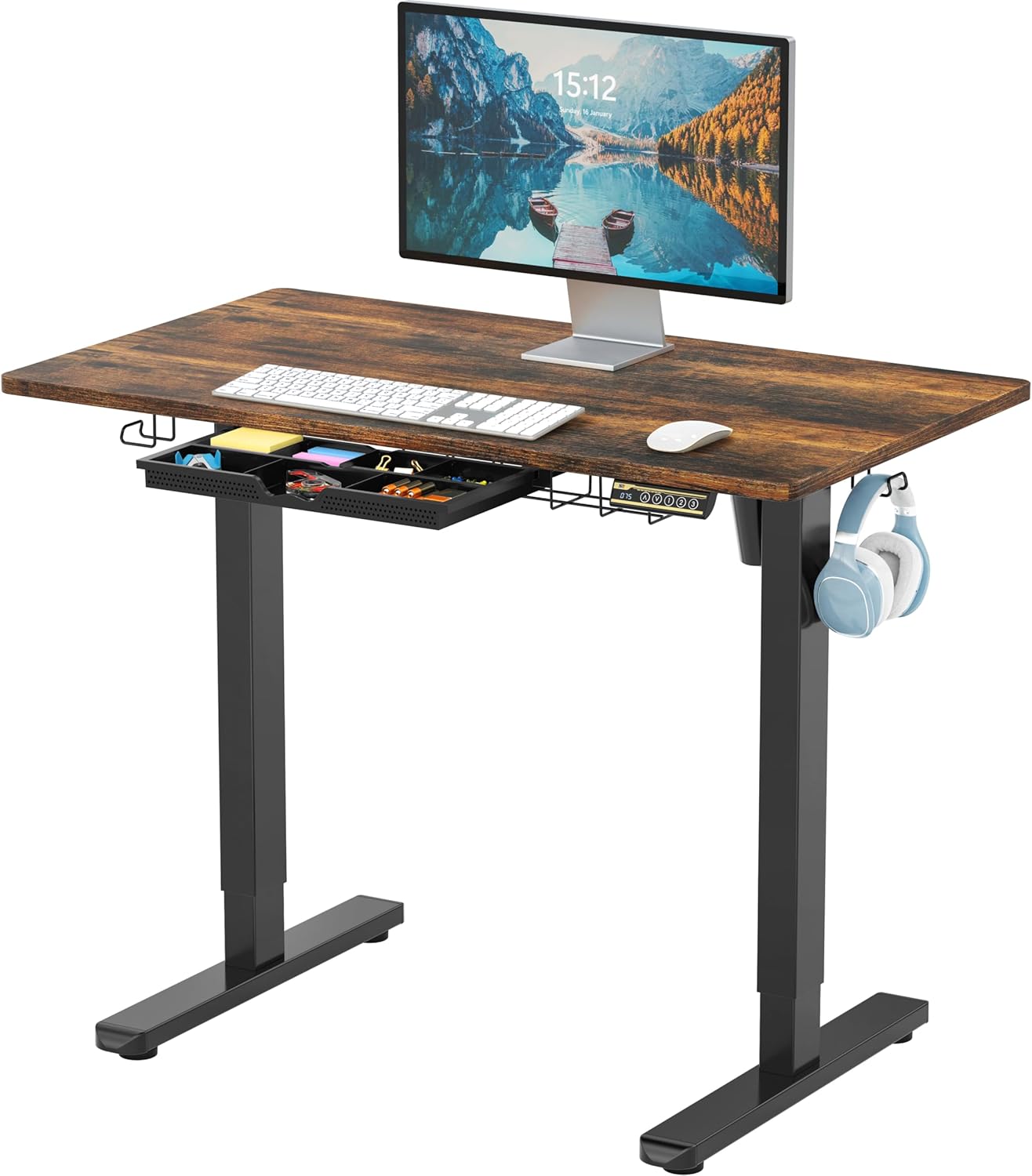 SHW 55 x 28 Inches Electric Height Adjustable Standing Desk with Drawer and Memory Preset, Maple