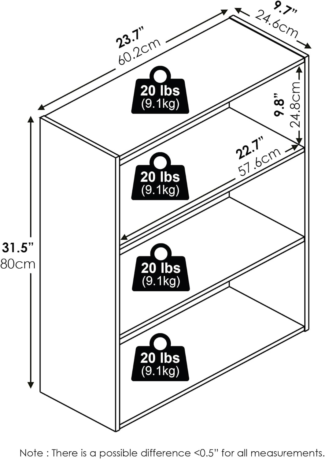 Furinno PASIR Book Shelf, 3-Tier Bookshelf, Bookcase, 9.7" x 23.7" x 31.5", for Living Room, Bedroom, Home Office, Blackwood