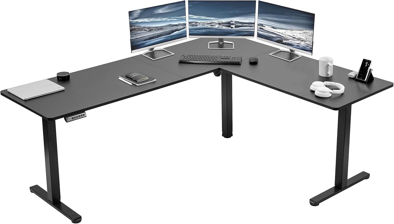 VIVO Electric Corner 63 x 55 inch L-Shaped Standing Desk, Memory Height Adjustment, Black Top Black Frame, DESK-E3CTB