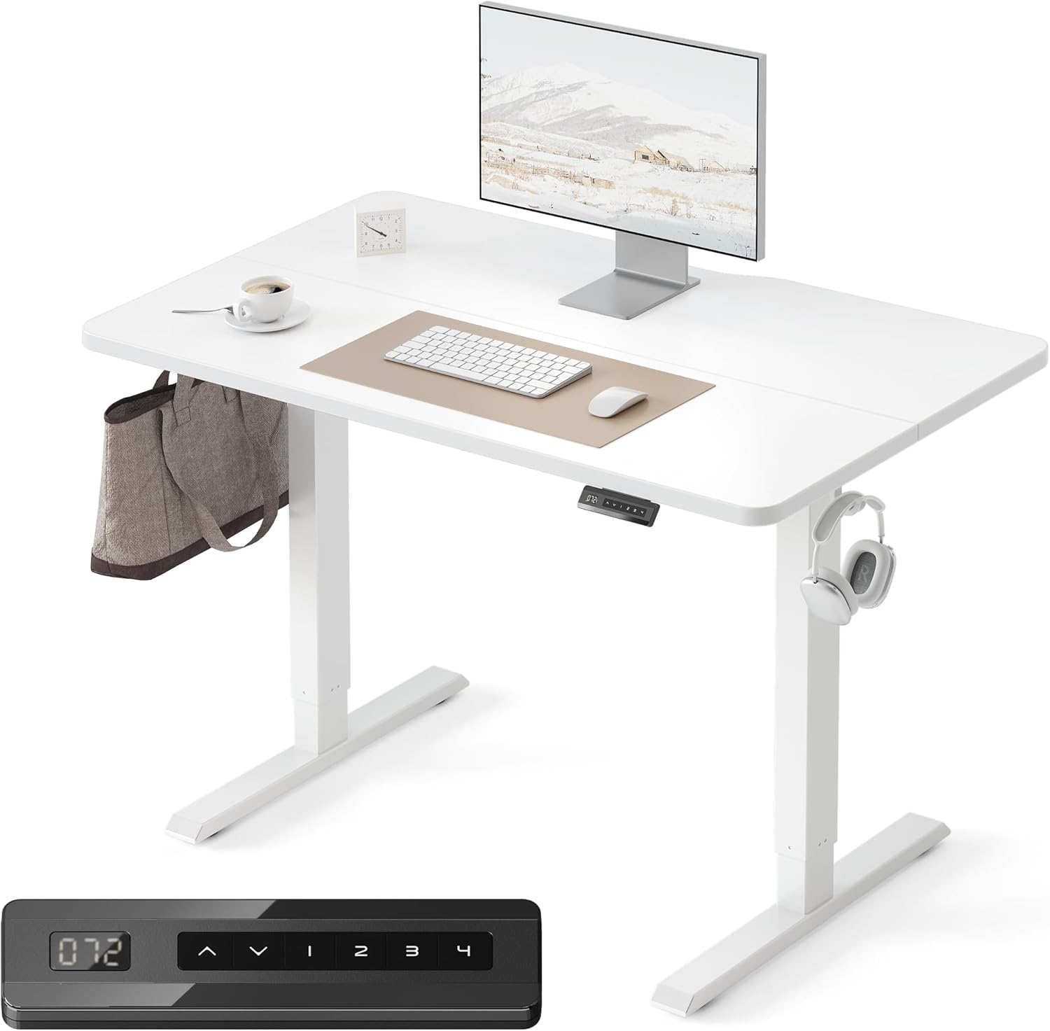 FEZIBO Standing Desk, 48 × 24 Inches Electric Height Adjustable, Sit and Stand Up, Computer Office Desk with Splice Board, White Frame/Maple TOP