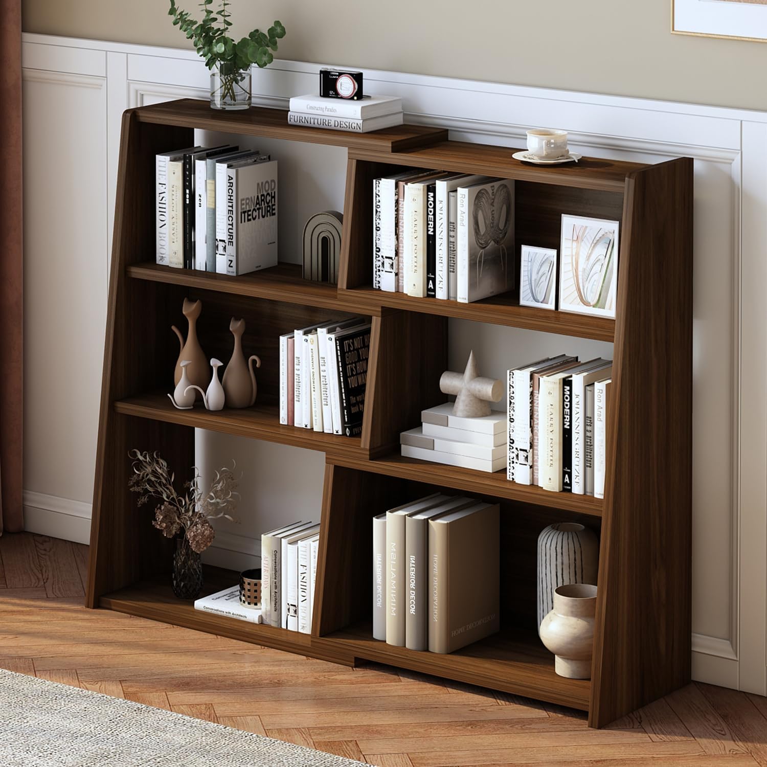 IOTXY Wooden Extendable Shelf Bookcase - 3-Tier Ladder Low Short Bookshelf for Small Space or Corner, Dark Walnut, L