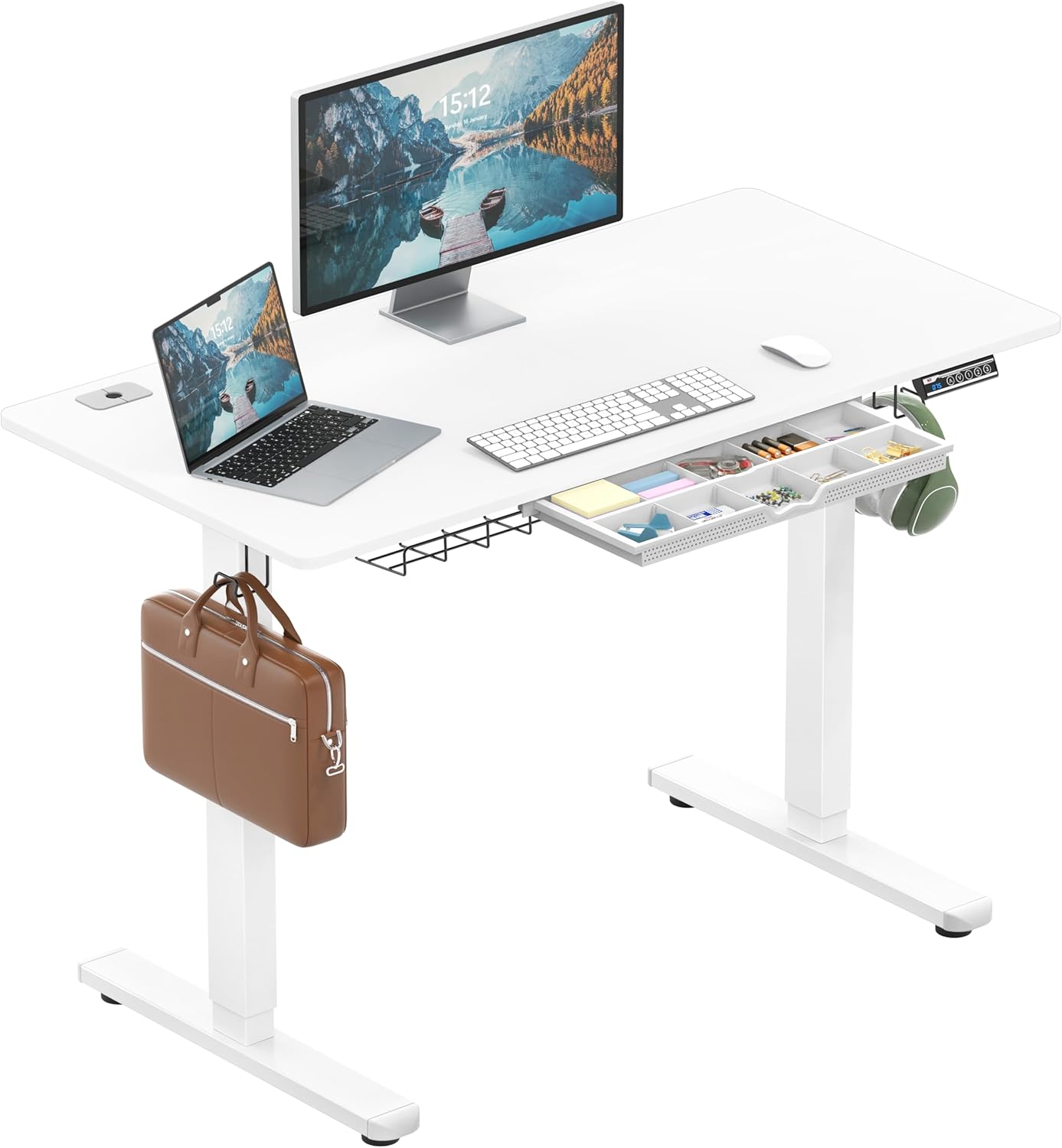 SHW 55 x 28 Inches Electric Height Adjustable Standing Desk with Drawer and Memory Preset, Maple